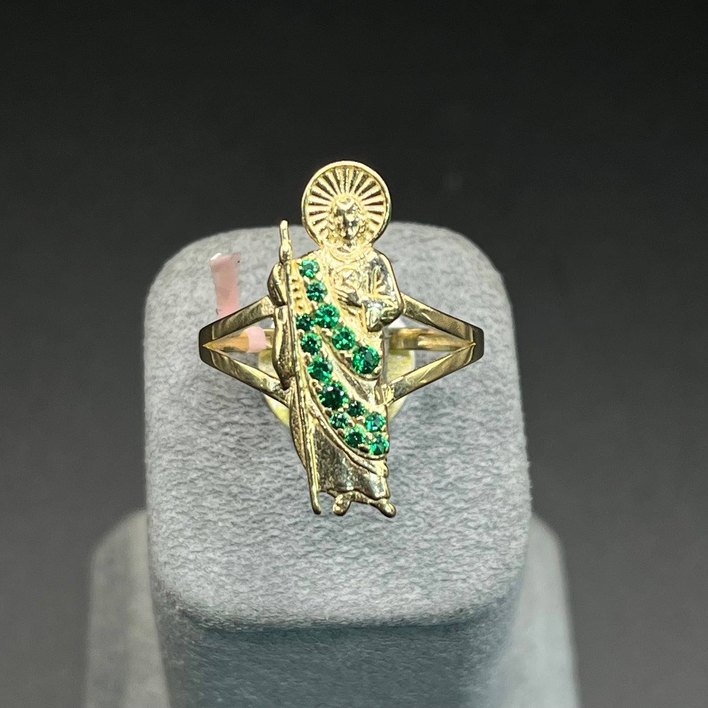 14K Gold San Judas Ring with Green CZ