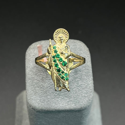 14K Gold San Judas Ring with Green CZ