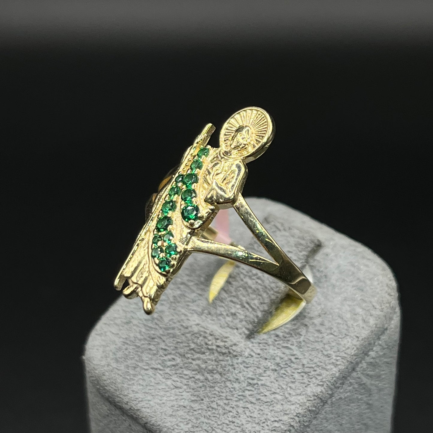 14K Gold San Judas Ring with Green CZ