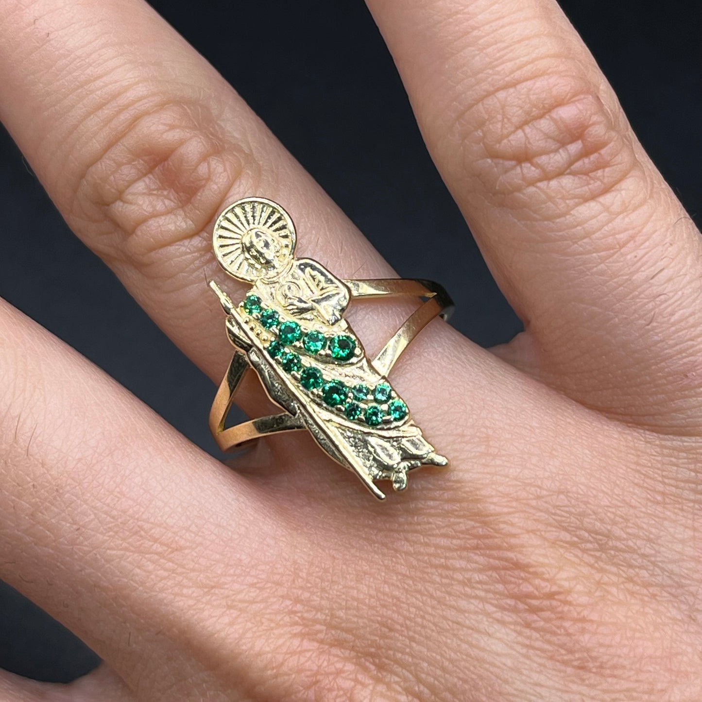 14K Gold San Judas Ring with Green CZ