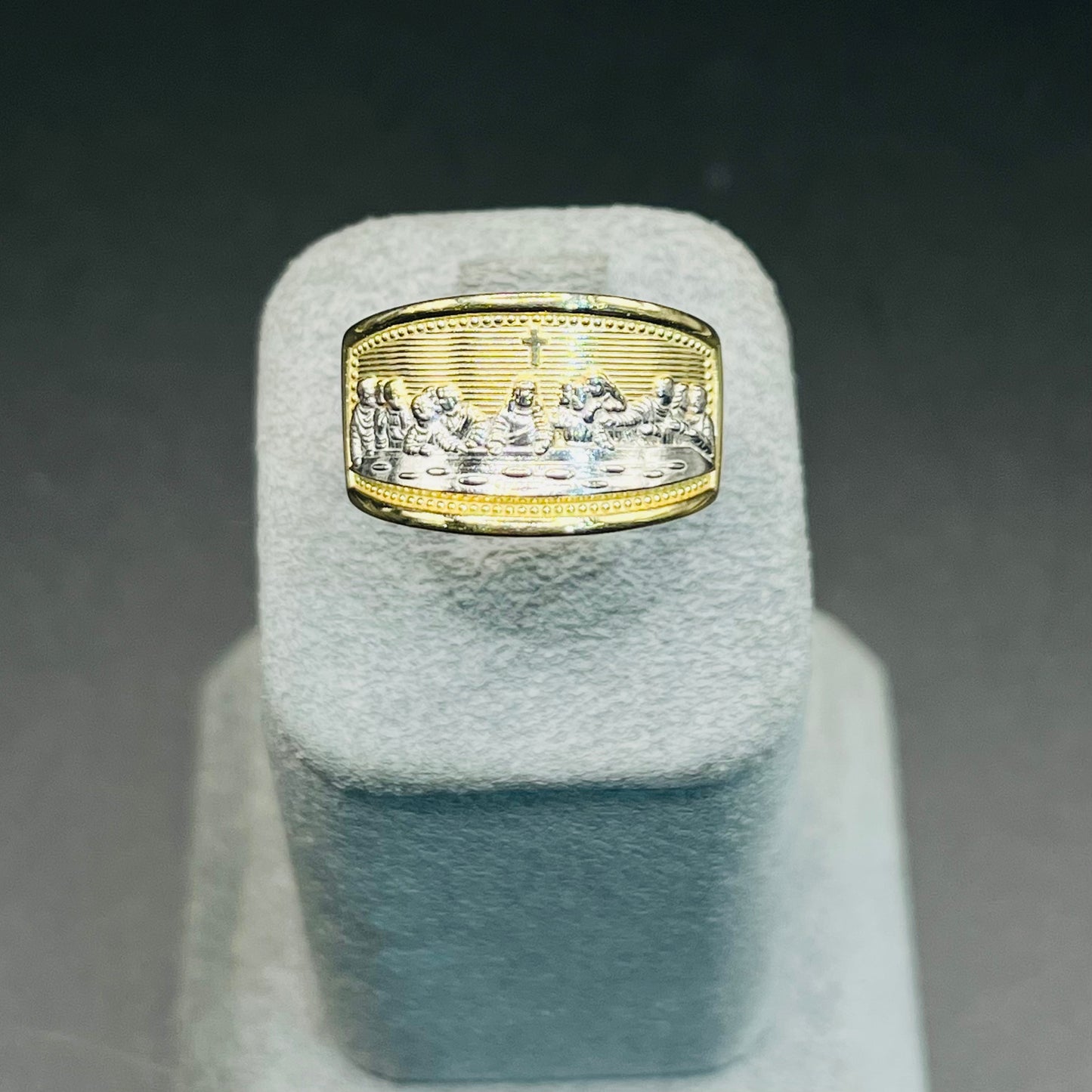 10K Gold Two Tone Last Supper Ring with Cross Detail