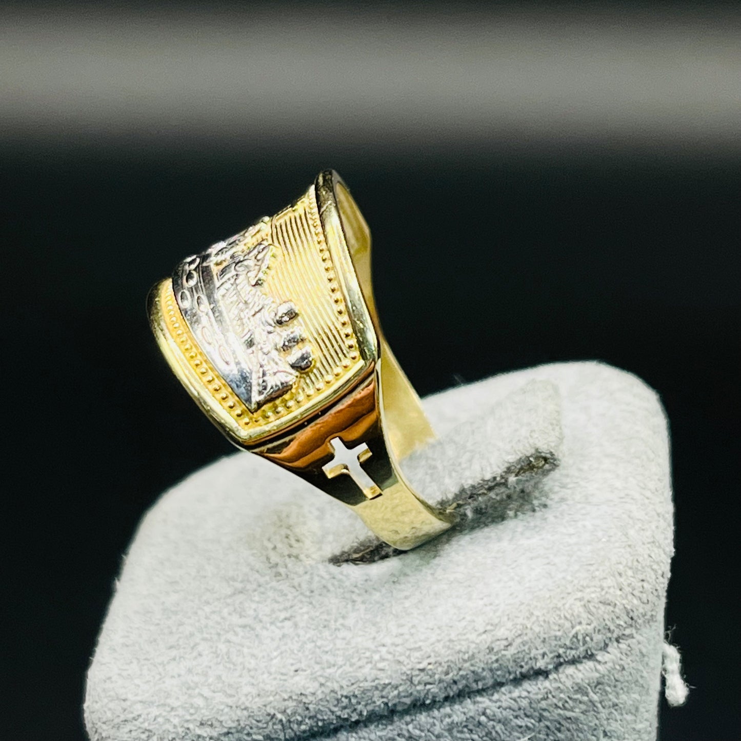 10K Gold Two Tone Last Supper Ring with Cross Detail