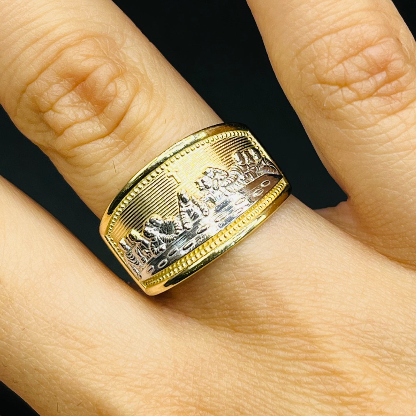 10K Gold Two Tone Last Supper Ring with Cross Detail