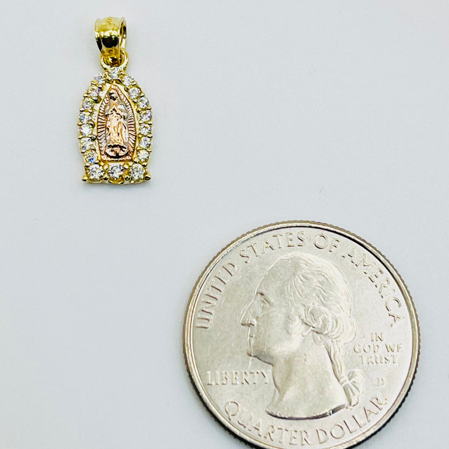 14K Gold Dainty Tri Color CZ Virgin Mary Charm