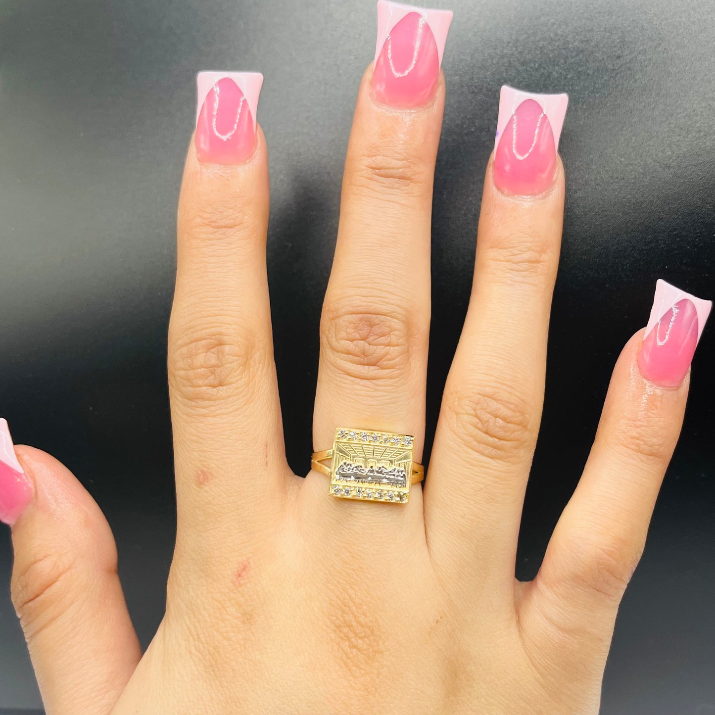 10K Gold Square Last Supper Ring with CZ border