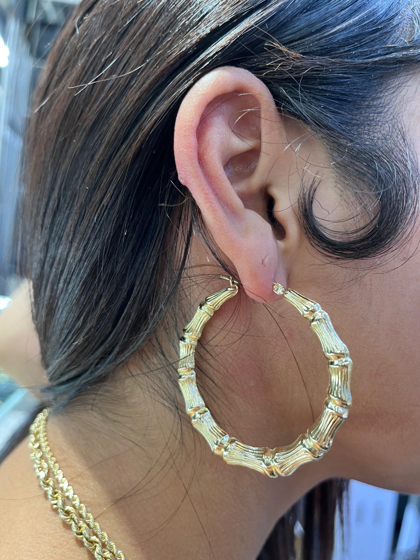10K Gold Bamboo Hoop Earrings (2.25 in)