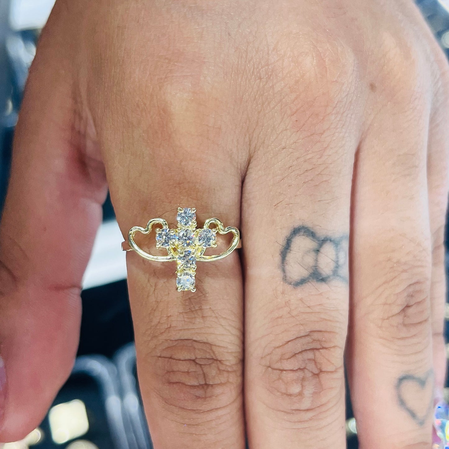 10K Gold Double Heart CZ Cross Ring