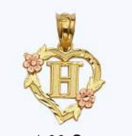 10K Gold Heart Initial Charm with Roses