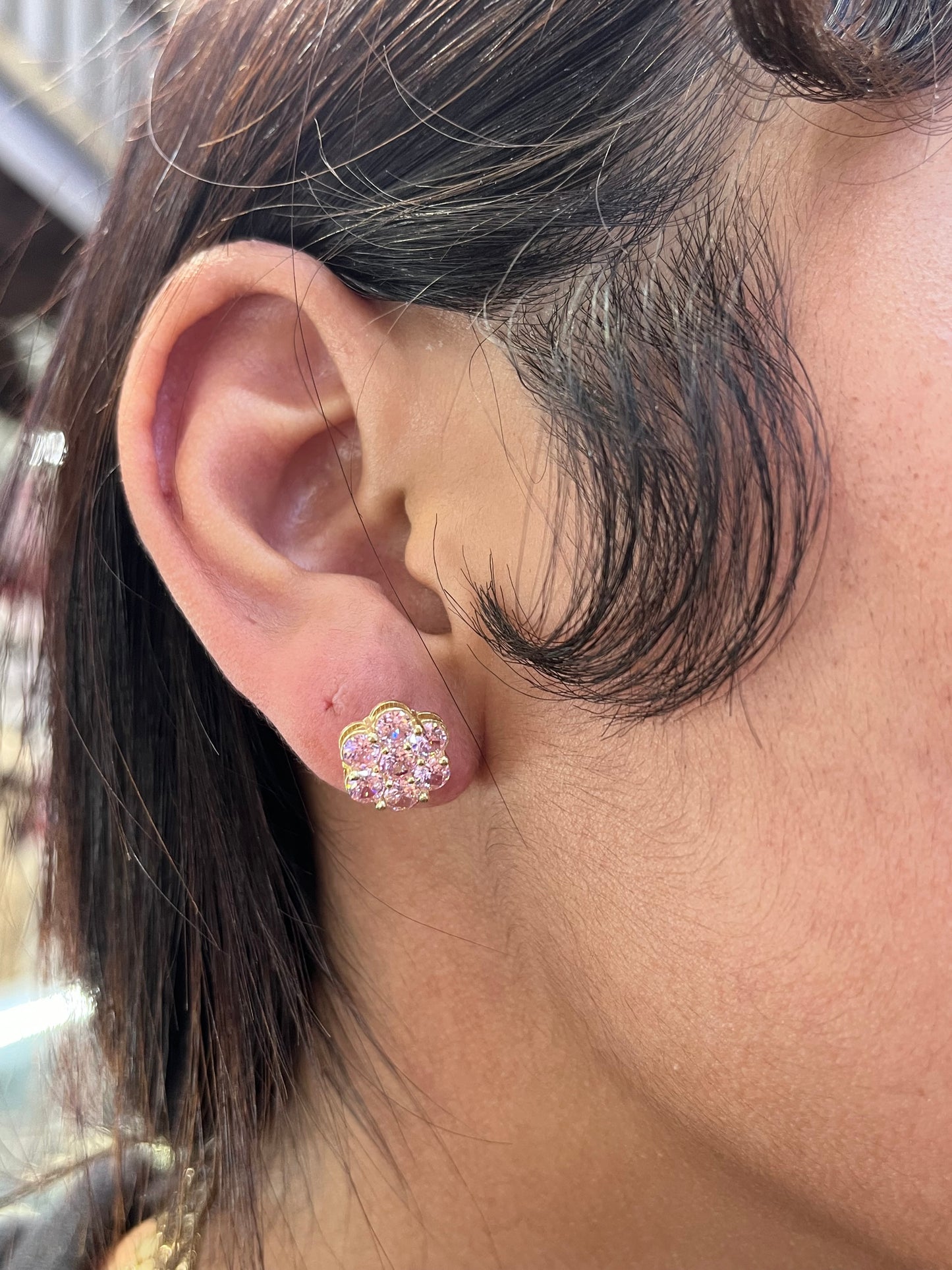 10K Gold Pink Flower CZ studs 10mm