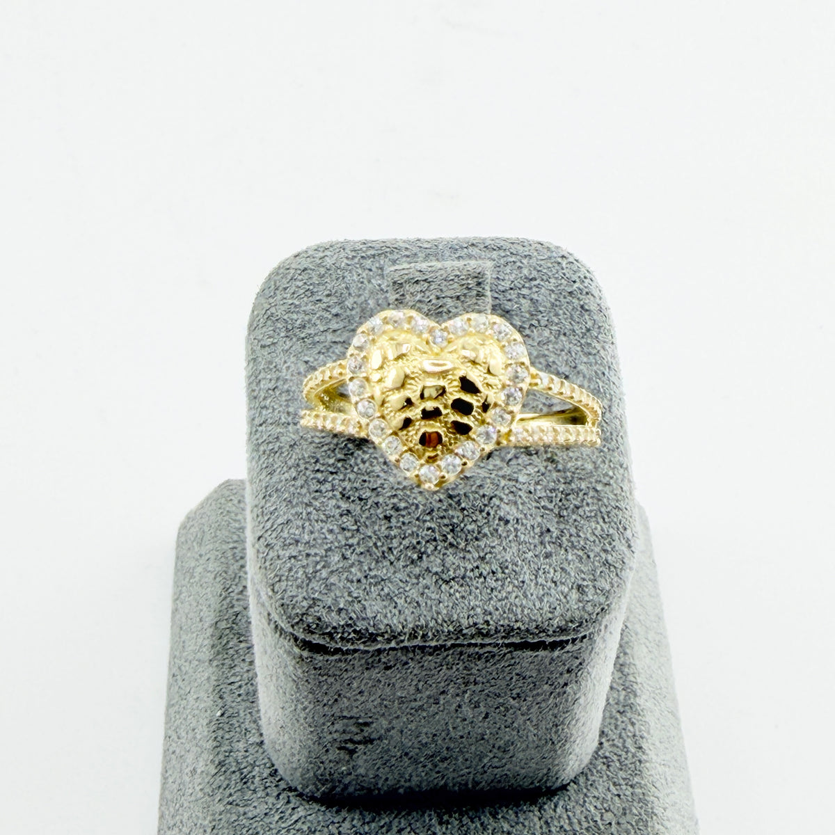 10K Gold Puffy Nugget Heart with CZ border Ring