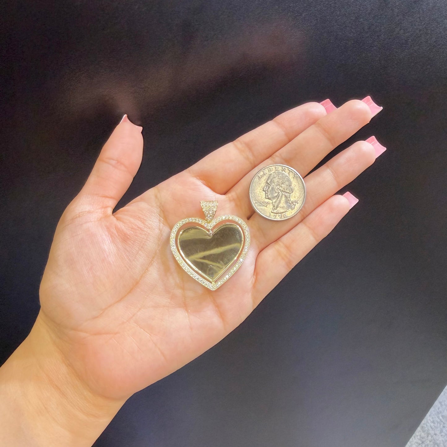 10k Gold CZ Heart Double Sided Picture Pendant