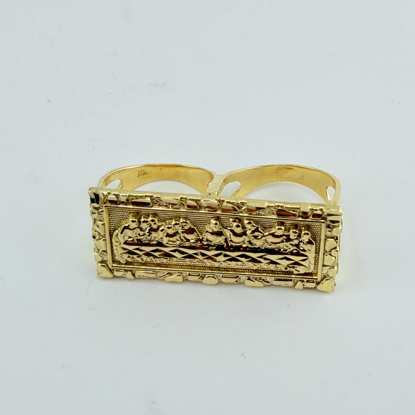 10K Two Finger Last Supper Ring with Nugget Border (Large)