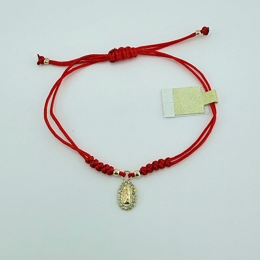 14k Gold Braided Virgin Mary Bracelet - Red