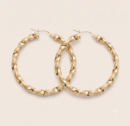 10K Gold 3.3mm Twist Hoops (1.7" diameter)