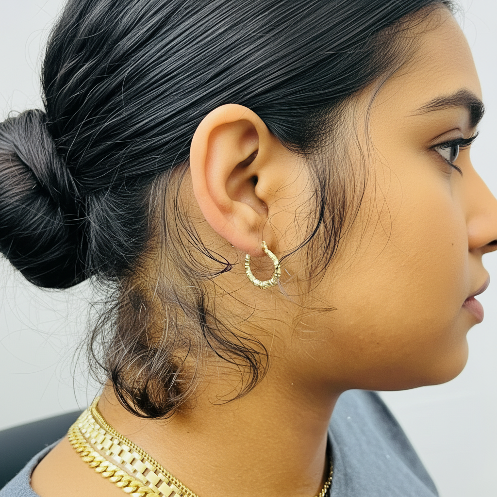 10K Gold Bamboo Hoop Earrings | Diameter: 0.65"
