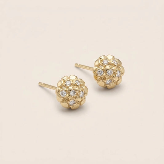 10K Gold Round Nugget Earrings with CZ