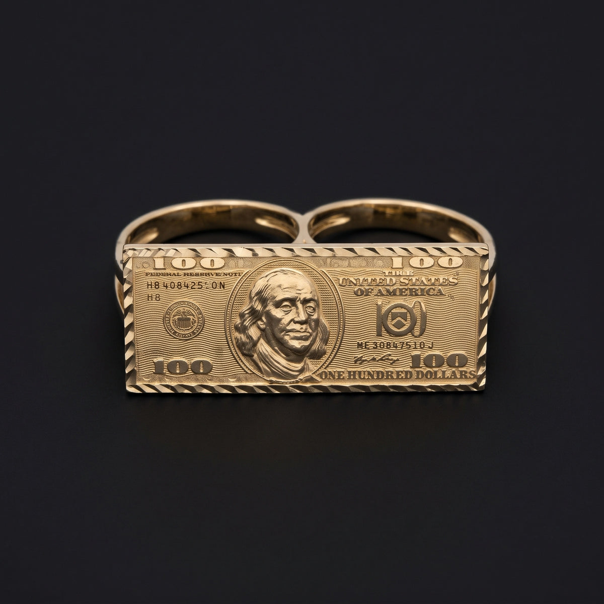 10K Gold Two Finger $100 Bill Ring