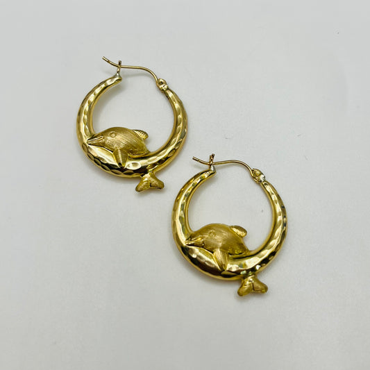 10 K arat Gold Dolphin Hoops Matte Finish (Medium, 1")