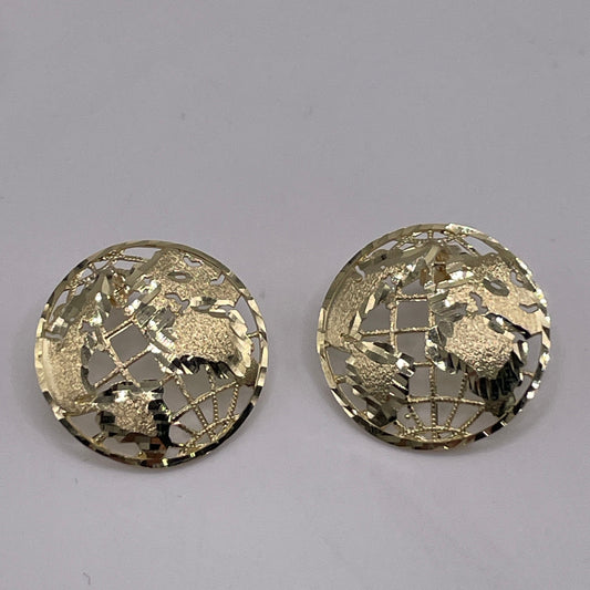 A pair of 10K gold globe earrings with intricate detailing, displayed against a grey background.