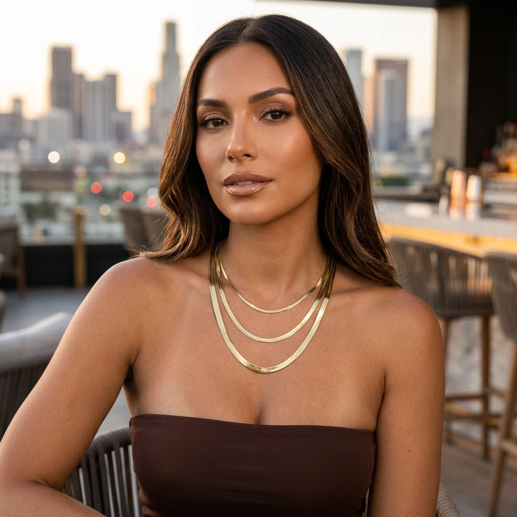 10k Gold Herringbone Chain on a woman sitting at an LA rooftop bar