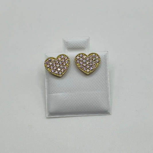 Heart-shaped earrings with gemstones on a white textured card