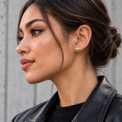 10K Gold Round Nugget Earrings in size 10mm on model - side profile