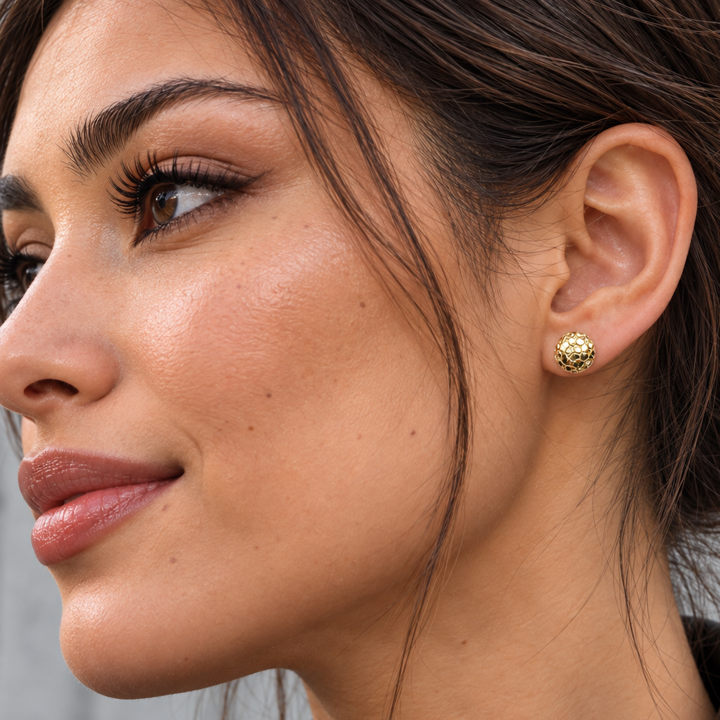 10K Gold Round Nugget Earrings in size 10mm on model - close-up on her ear