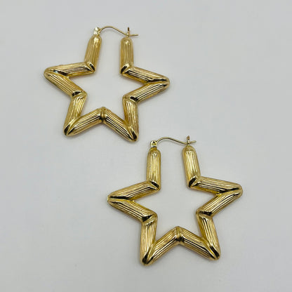 10 Karat Gold Star Bamboo Hoop Earrings (Med, 1.8")