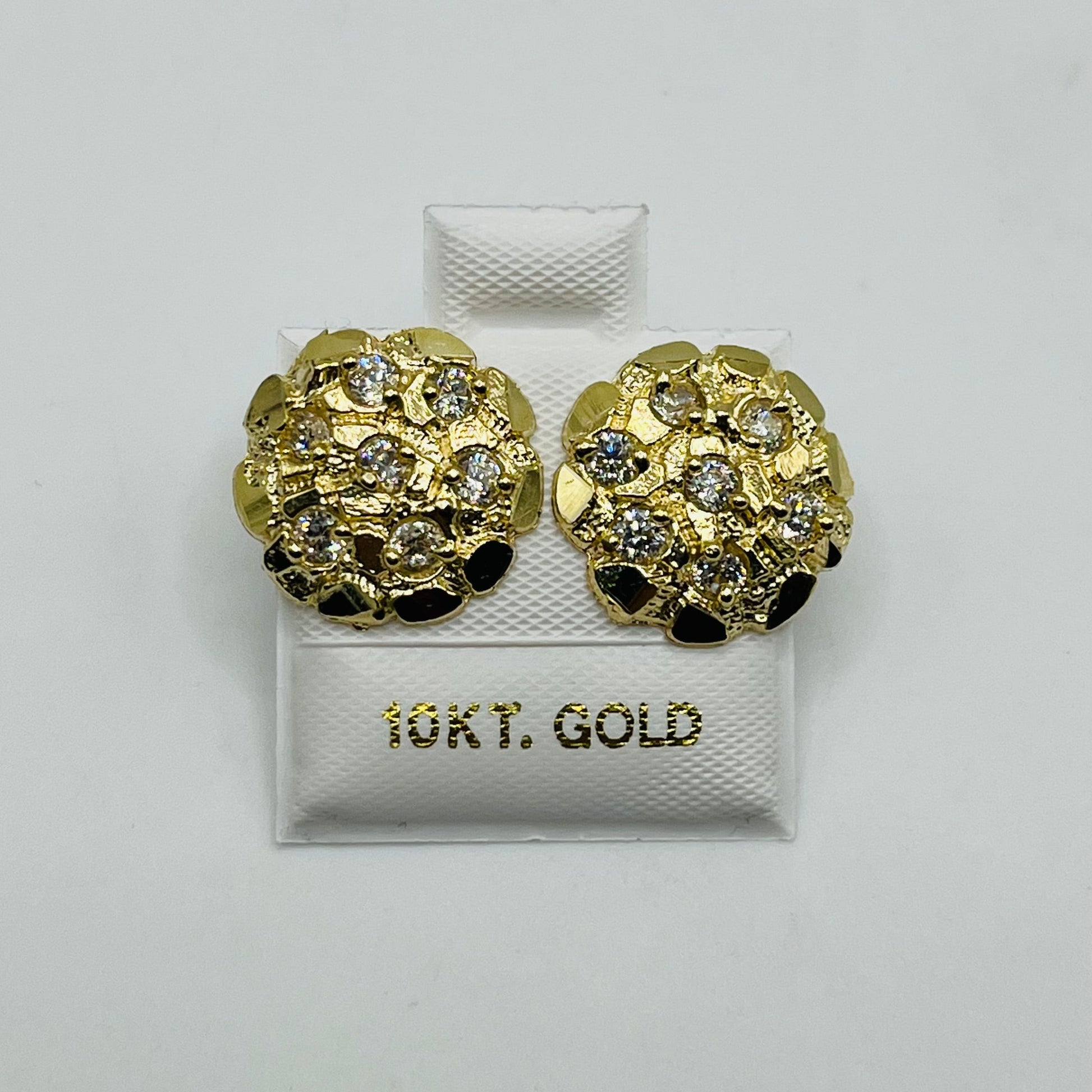 10K Gold Round Nugget Earrings with CZ | Face Size: 15mm