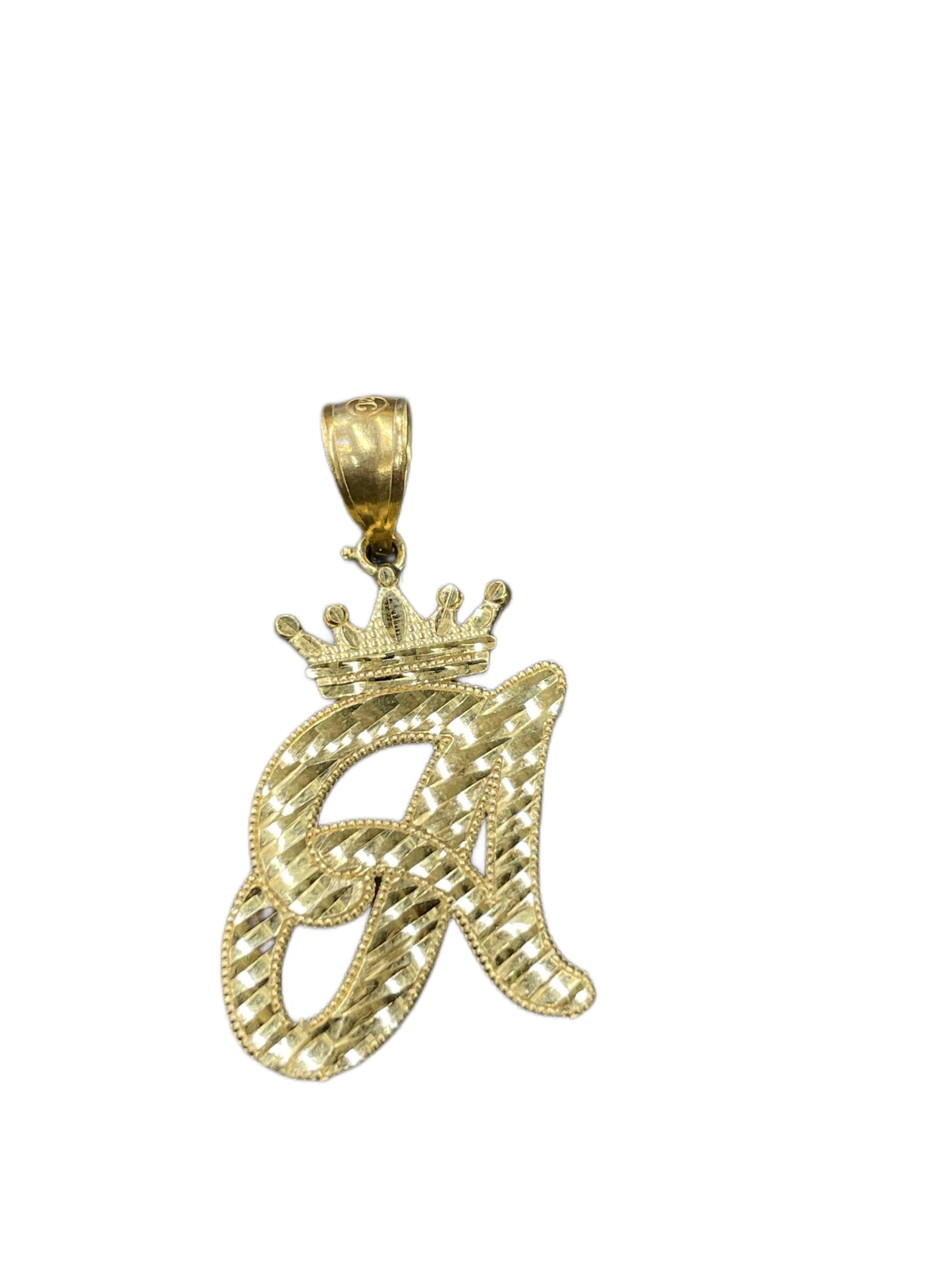 A 10K gold initial charm with a crown on top, featuring the letter 'A' in a cursive font.