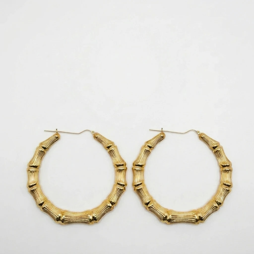 10K Gold Bamboo Hoop Earrings | Diameter: 1.4"