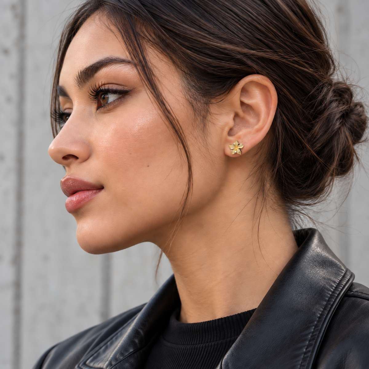 10k Gold Hibiscus Earrings on Model - Side Profile