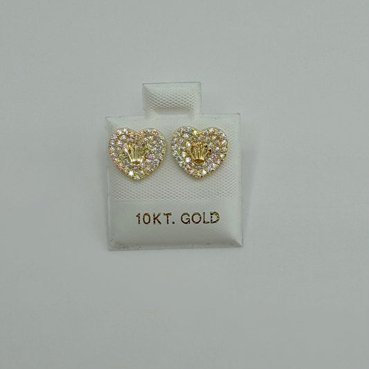 Heart-shaped gold earrings with '10KT. GOLD' label on a light gray background