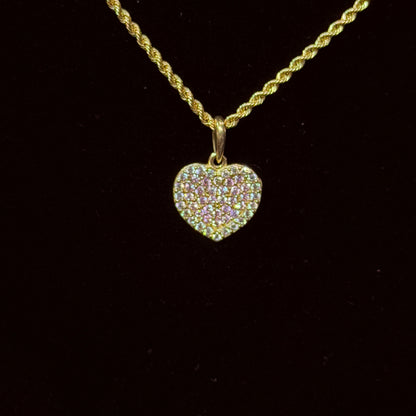 10K Gold Pink CZ Heart Necklace charm with pink CZ stones