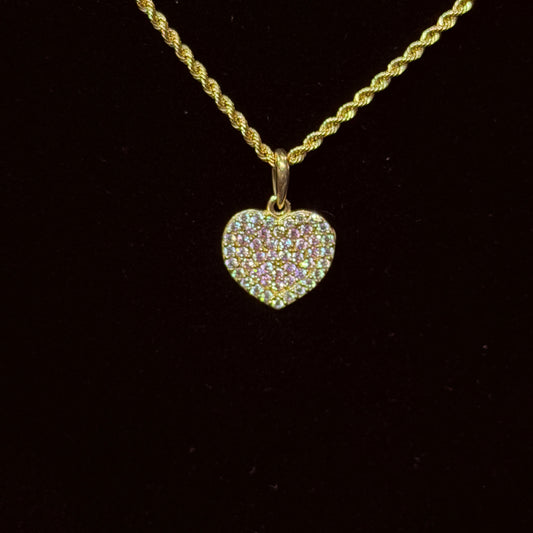 10K Gold Pink CZ Heart Necklace charm with pink CZ stones