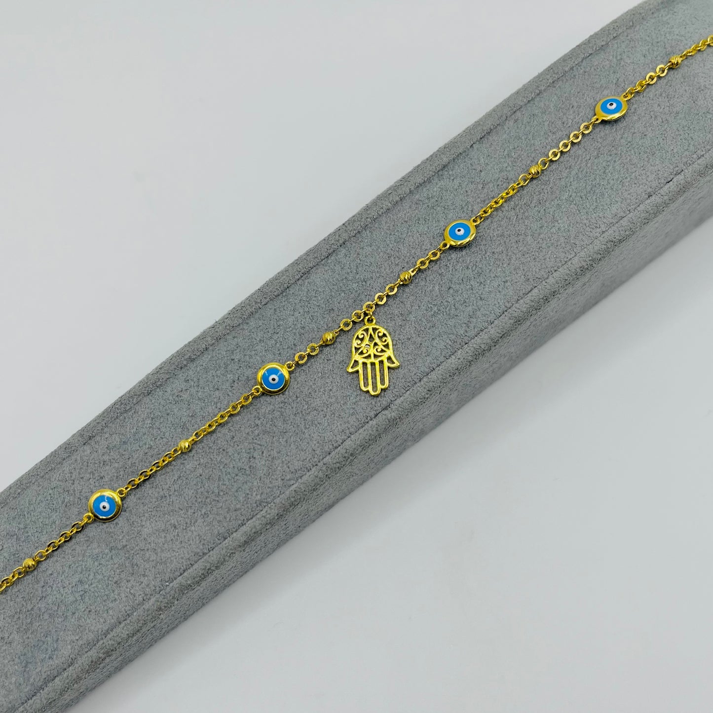 10K Gold Designer Bracelet - Blue Evil Eye with Hamsa Charm