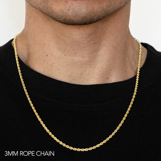 14K GOLD SOLID 3MM DC ROPE CHAIN