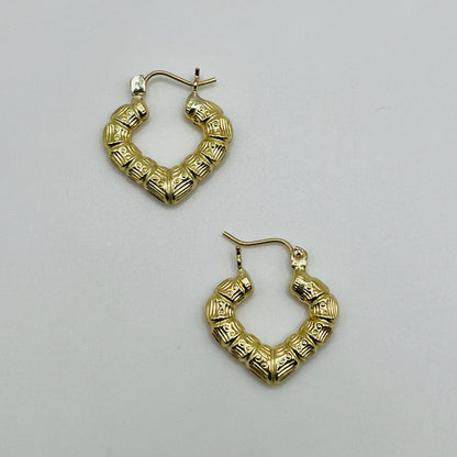 14K Gold Bamboo Heart Earrings 0.75"