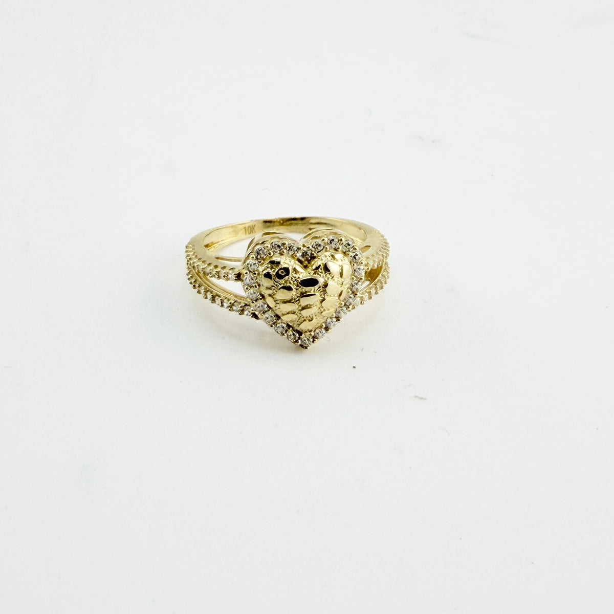 10K Gold Puffy Nugget Heart with CZ border Ring