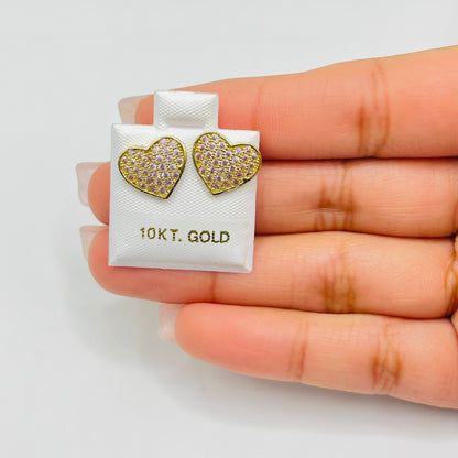 10K Gold Domed Pink Heart Earrings | Face Size: 10mm