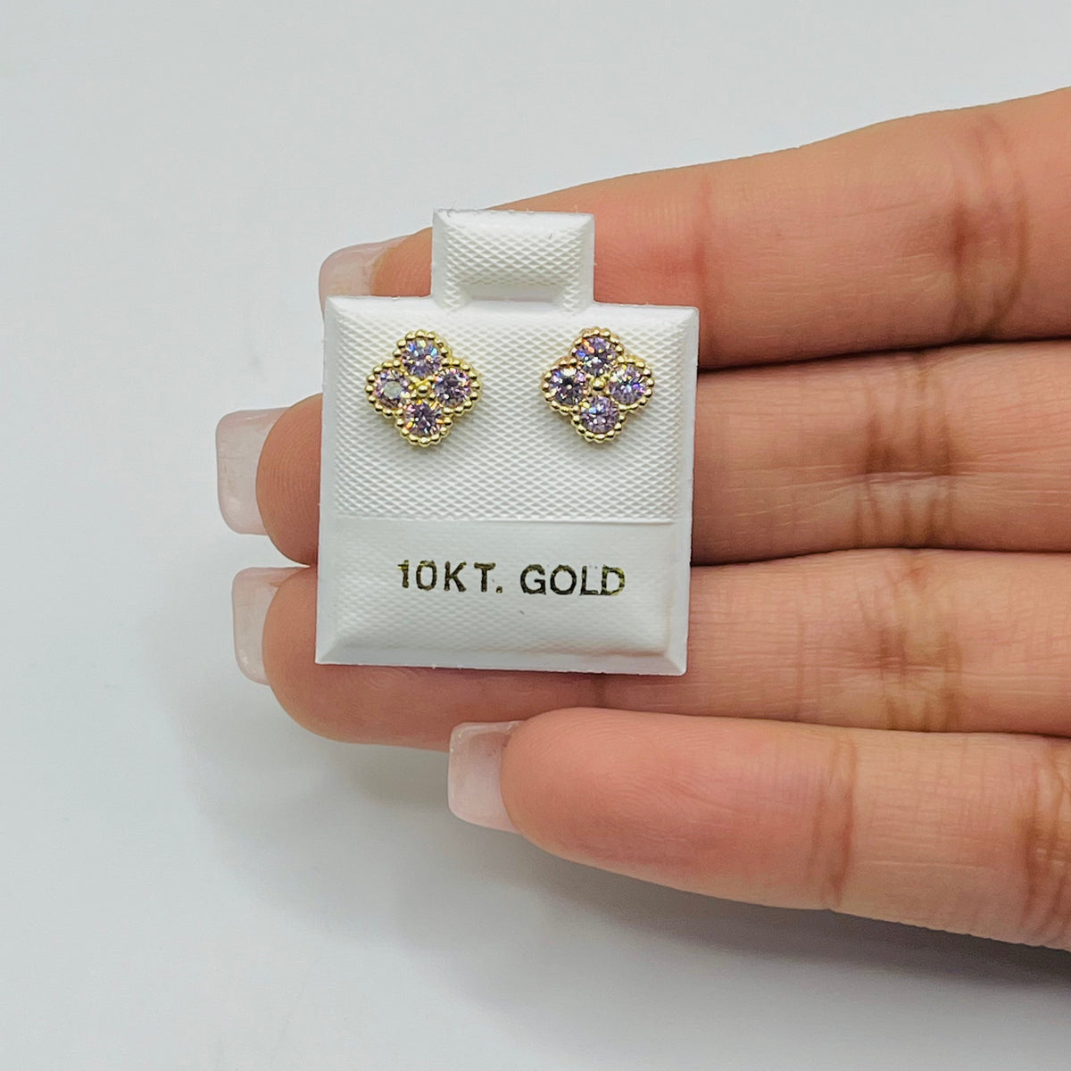 10K Gold Pink Clover CZ Earrings | Face Size: 6mm