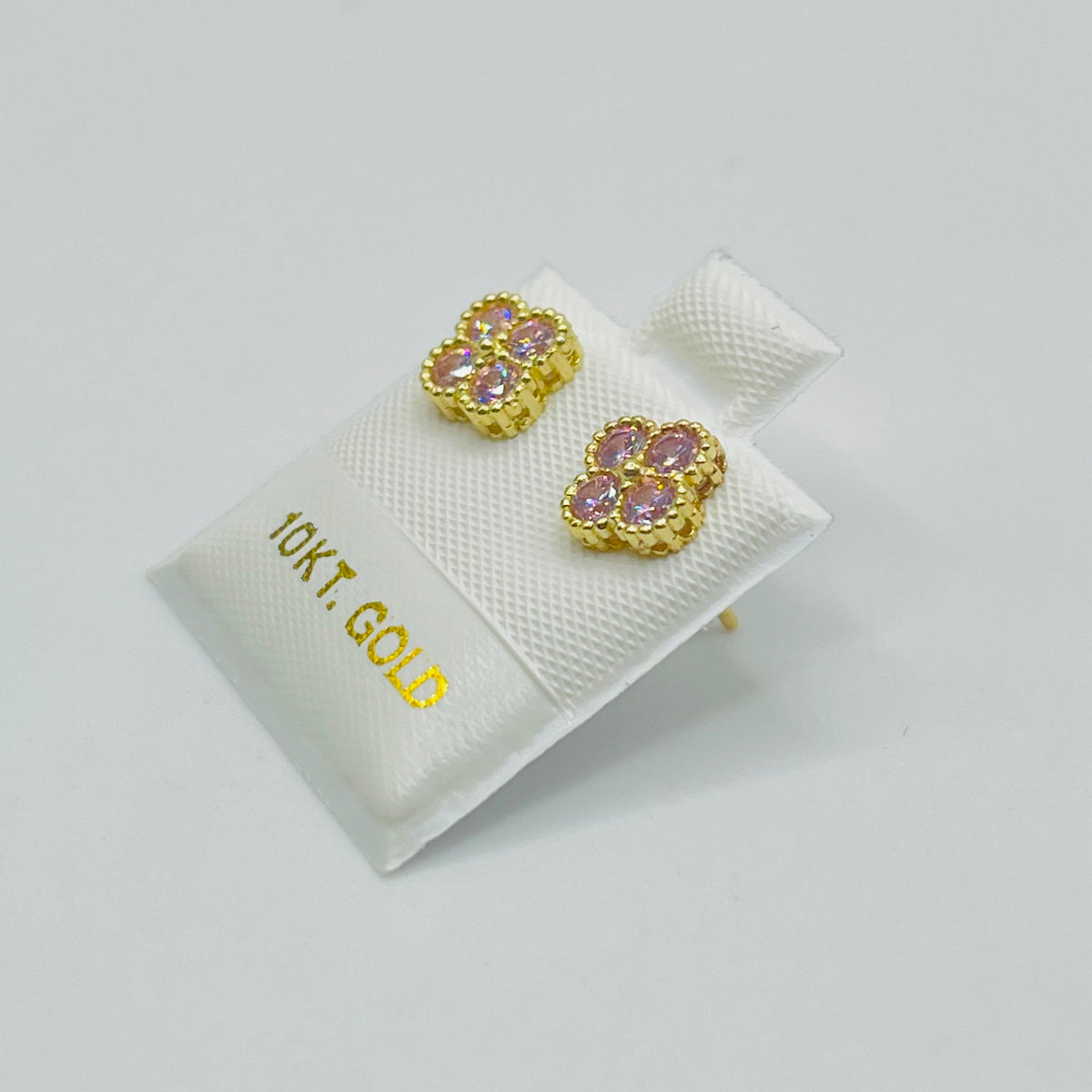 10K Gold Pink Clover CZ Earrings | Face Size: 6mm