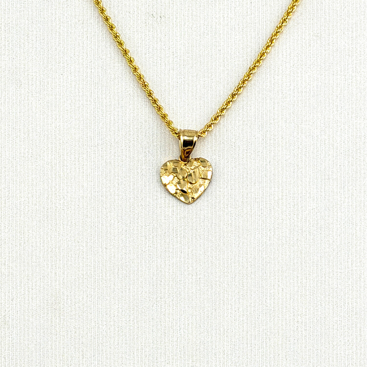 14K Gold Necklace Set - Heart Nugget Charm with Rope Chain