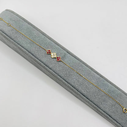 14k Gold Diamond Ruby Clover Bracelet