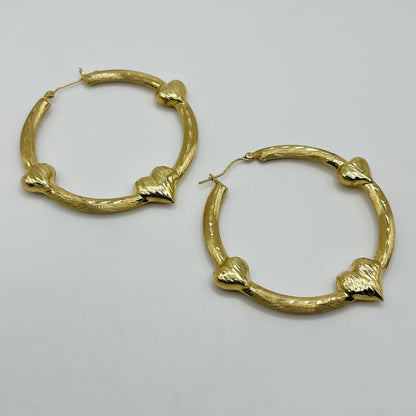 10K Gold Triple Heart Hoop earrings ( 2")