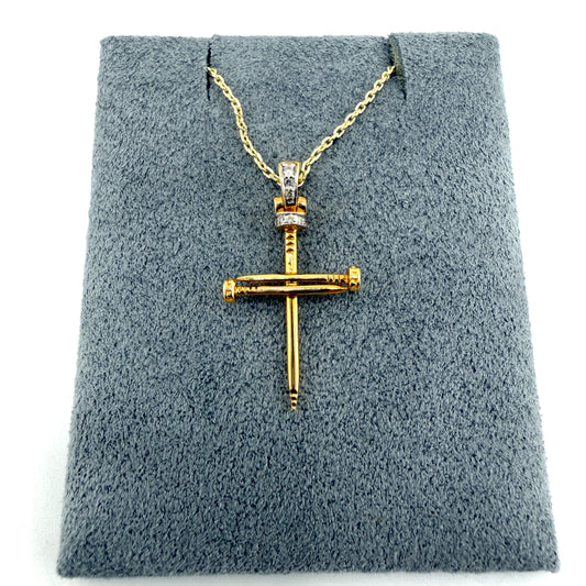 Natural Diamond 10k Gold Nails Cross Necklace Set