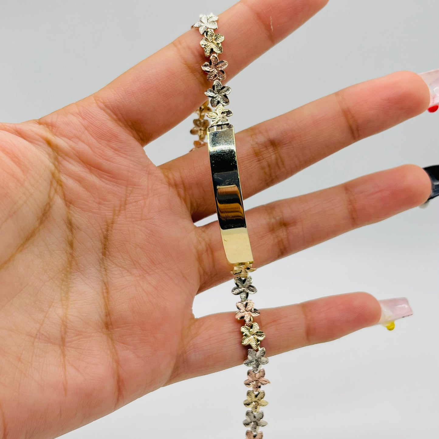 10k Gold 9mm Tr-Color Hibiscus ID Bracelet