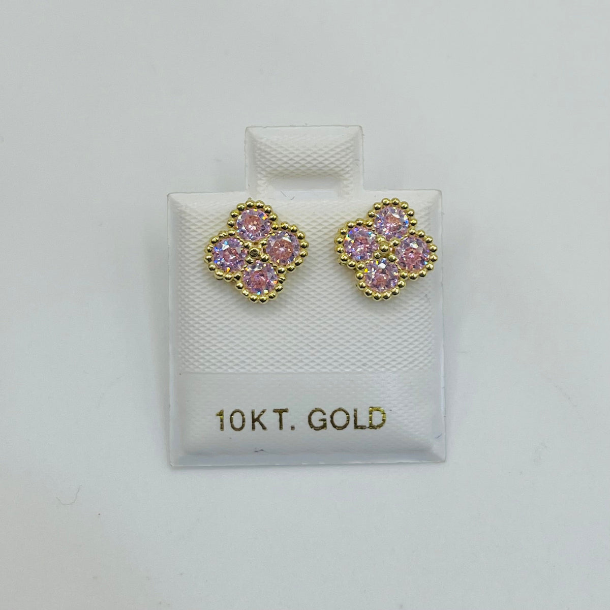 10K Gold Pink Clover CZ Earrings | Face Size: 8mm
