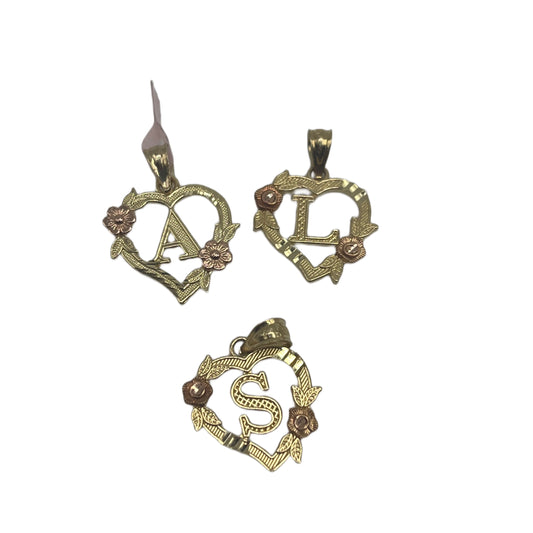 14K Gold Heart Initial Charm with Roses