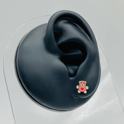 10k Gold Pink Enamel Teddy Bear Earrings (Screwback)